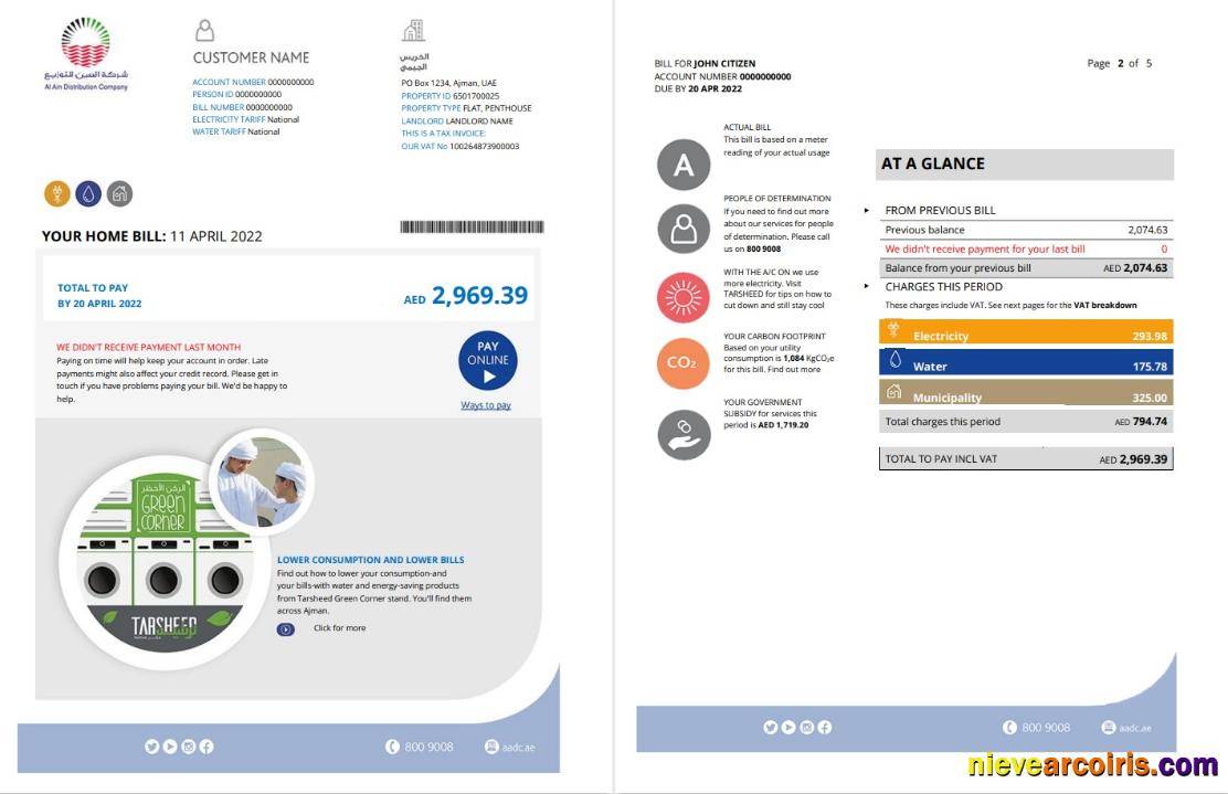 UAE Ajman Al Ain Distribution Co utility bill 5 pages 1 2